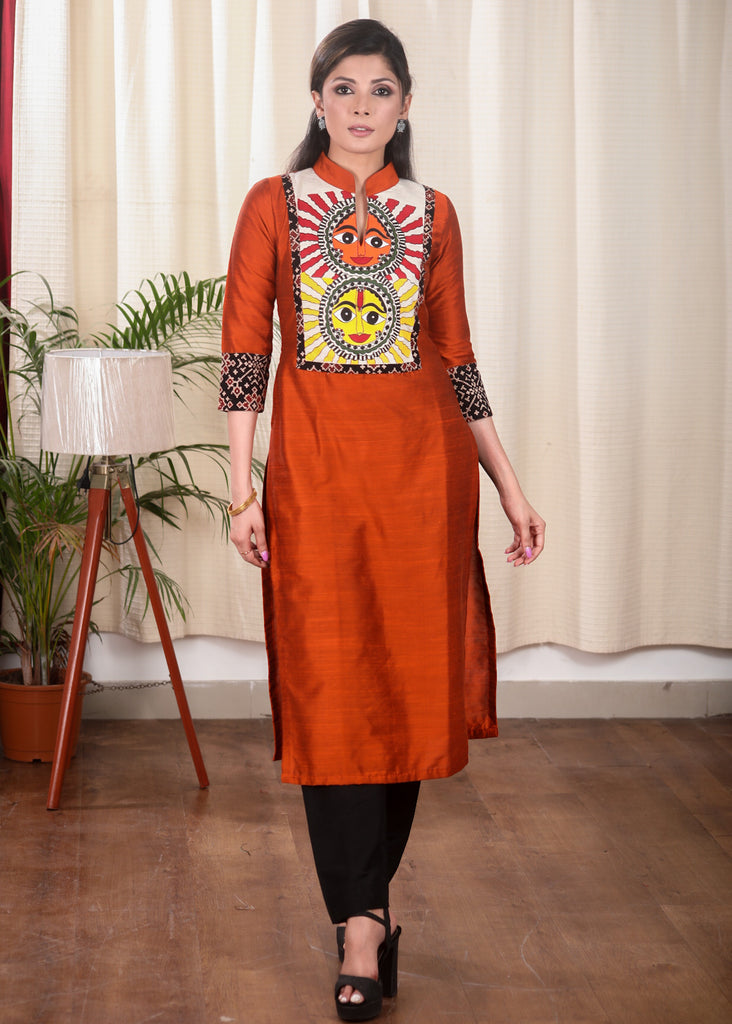 Rust Cotton Silk Straight Cut Kurta With Bright Hand Painted Motif on the Yoke