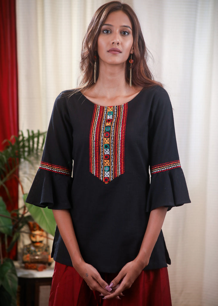 Multicolored Embroidered Mirror Work Black Top