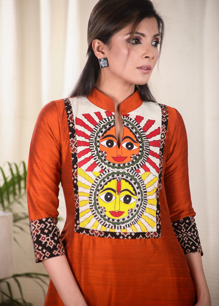 Rust Cotton Silk Straight Cut Kurta With Bright Hand Painted Motif on the Yoke