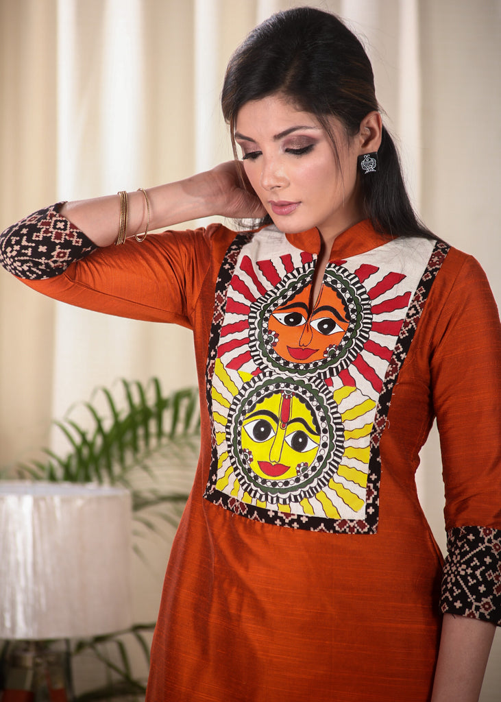 Rust Cotton Silk Straight Cut Kurta With Bright Hand Painted Motif on the Yoke