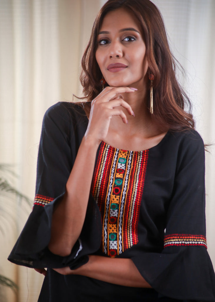 Multicolored Embroidered Mirror Work Black Top