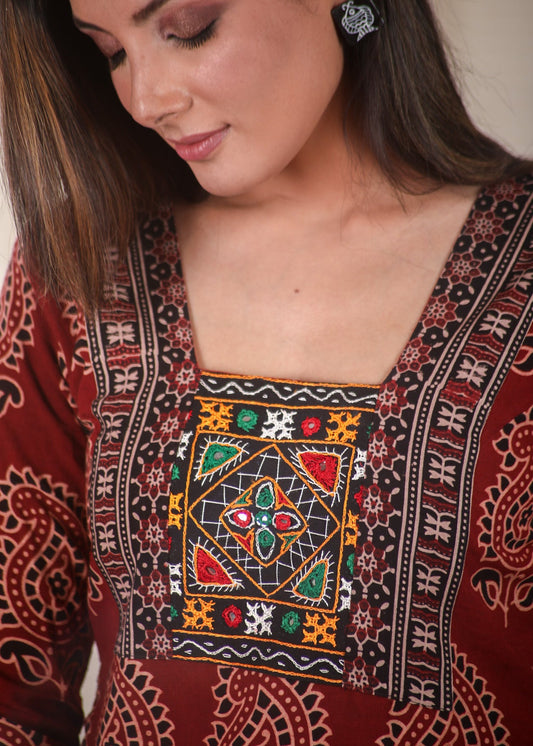 Beautiful Traditional Paisely Motif Straight Cut Cotton Ajrakh Kurta with Hand Made Kutch Mirror Work