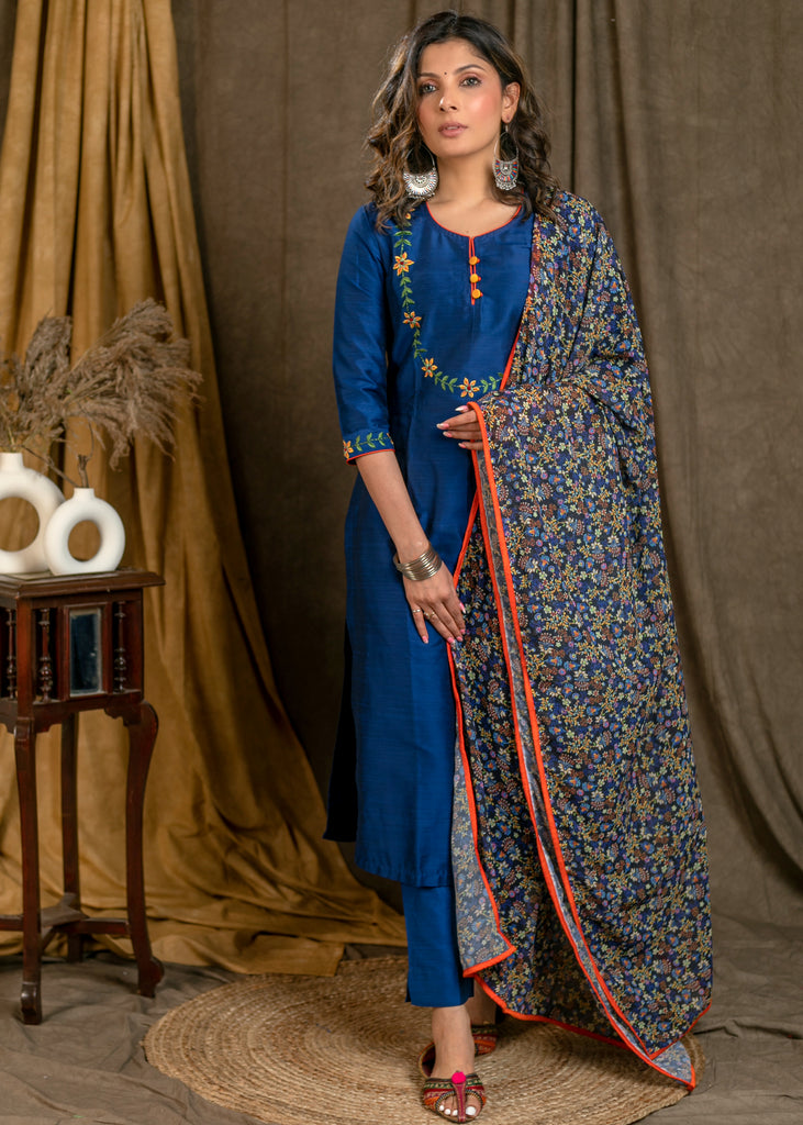 Blue Cotton Silk Straight Cut Kurta Pant Set with Floral Embroidered Yoke and Sleeves - Dupatta Optional