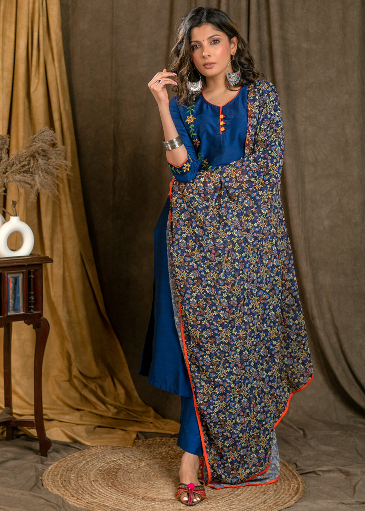 Blue Cotton Silk Straight Cut Kurta Pant Set with Floral Embroidered Yoke and Sleeves - Dupatta Optional