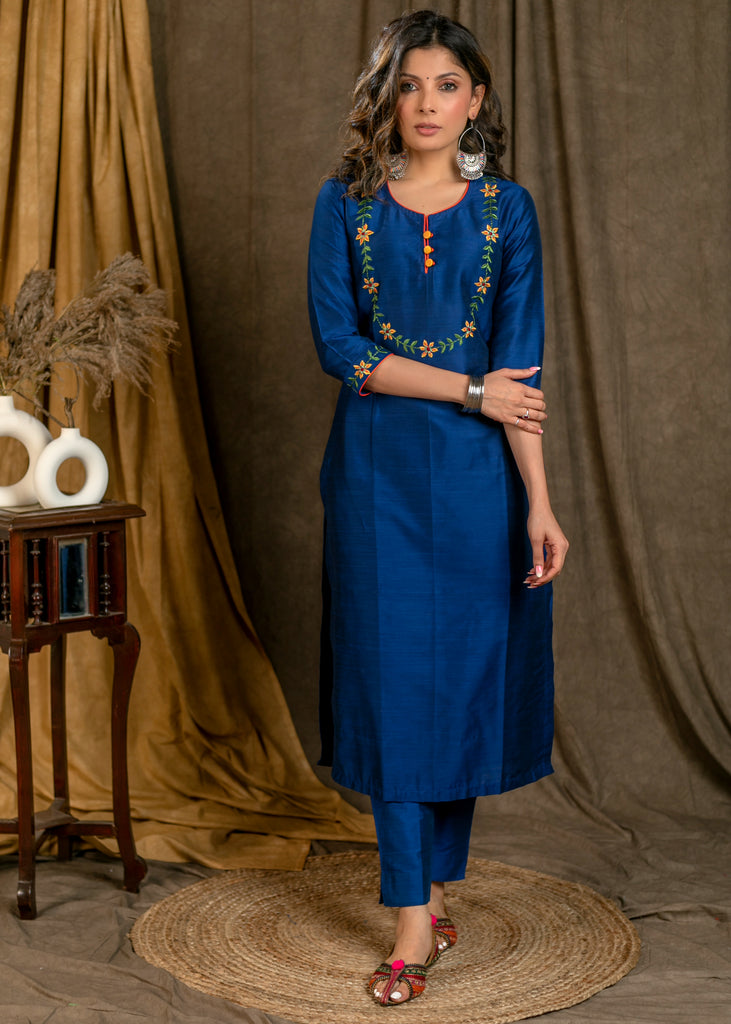 Blue Cotton Silk Straight Cut Kurta Pant Set with Floral Embroidered Yoke and Sleeves - Dupatta Optional