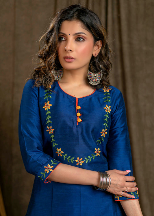 Blue Cotton Silk Straight Cut with Floral Embroidered Yoke and Sleeves