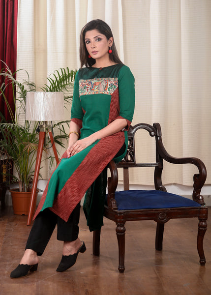 Straight Cut Pure Cotton Ajrakh Kurta with exclusive Hand made Madhubani Painting and Khun Fabric On The Yoke