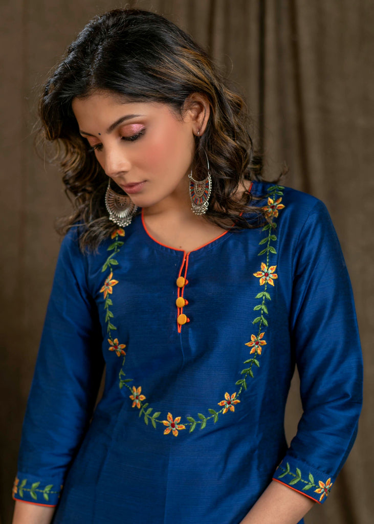 Blue Cotton Silk Straight Cut Kurta Pant Set with Floral Embroidered Yoke and Sleeves - Dupatta Optional