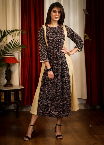 A Line Smart Ajrakh Combination Kurta / One Piece Dress