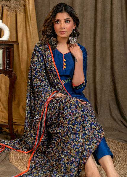 Blue Cotton Silk Straight Cut Kurta Pant Set with Floral Embroidered Yoke and Sleeves - Dupatta Optional