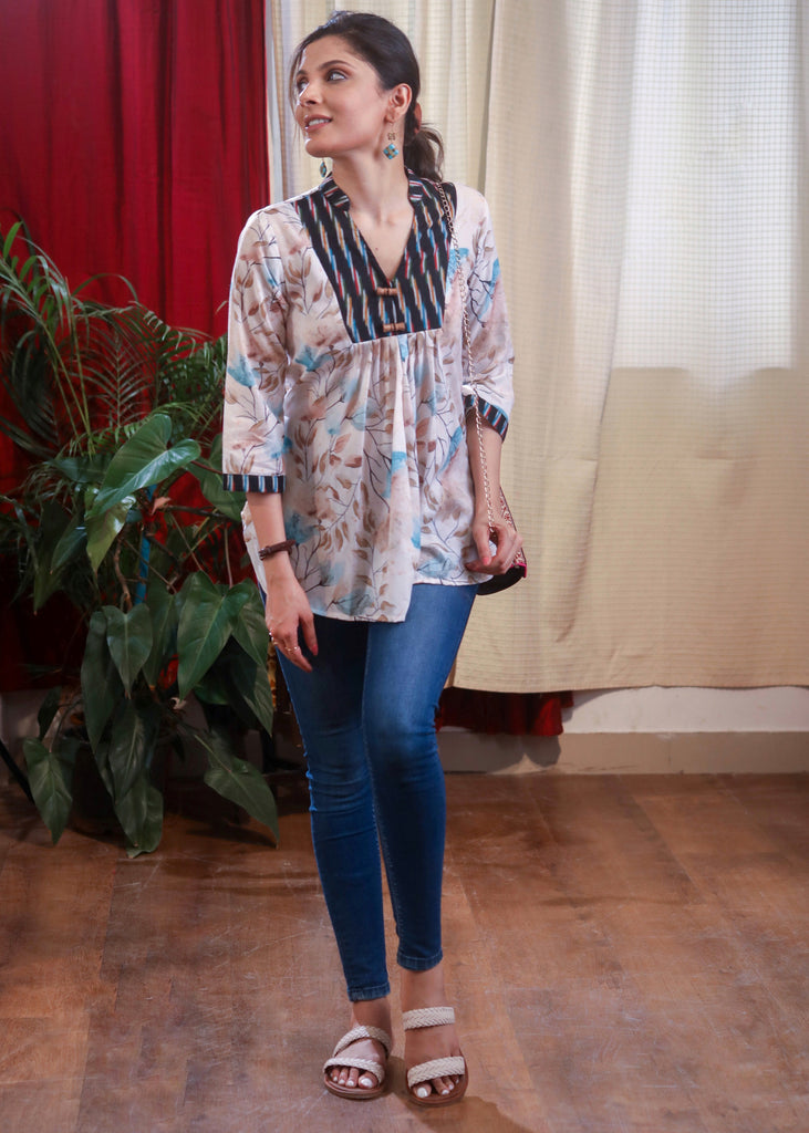 Exclusive Combination Of Ikkat & Muslin Printed Top