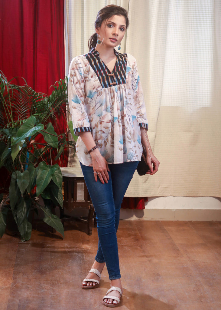 Exclusive Combination Of Ikkat & Muslin Printed Top