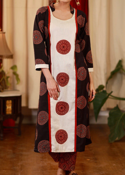 A - Line Cotton Ajrakh Kurta with Ajrakh Applique Work in the central Panel