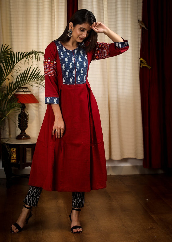 A Line Indigo & Maroon Kurta  / One Piece Dress with Smart Embroidery work on Sleeves