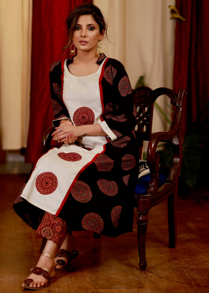 A - Line Cotton Ajrakh Kurta with Ajrakh Applique Work in the central Panel