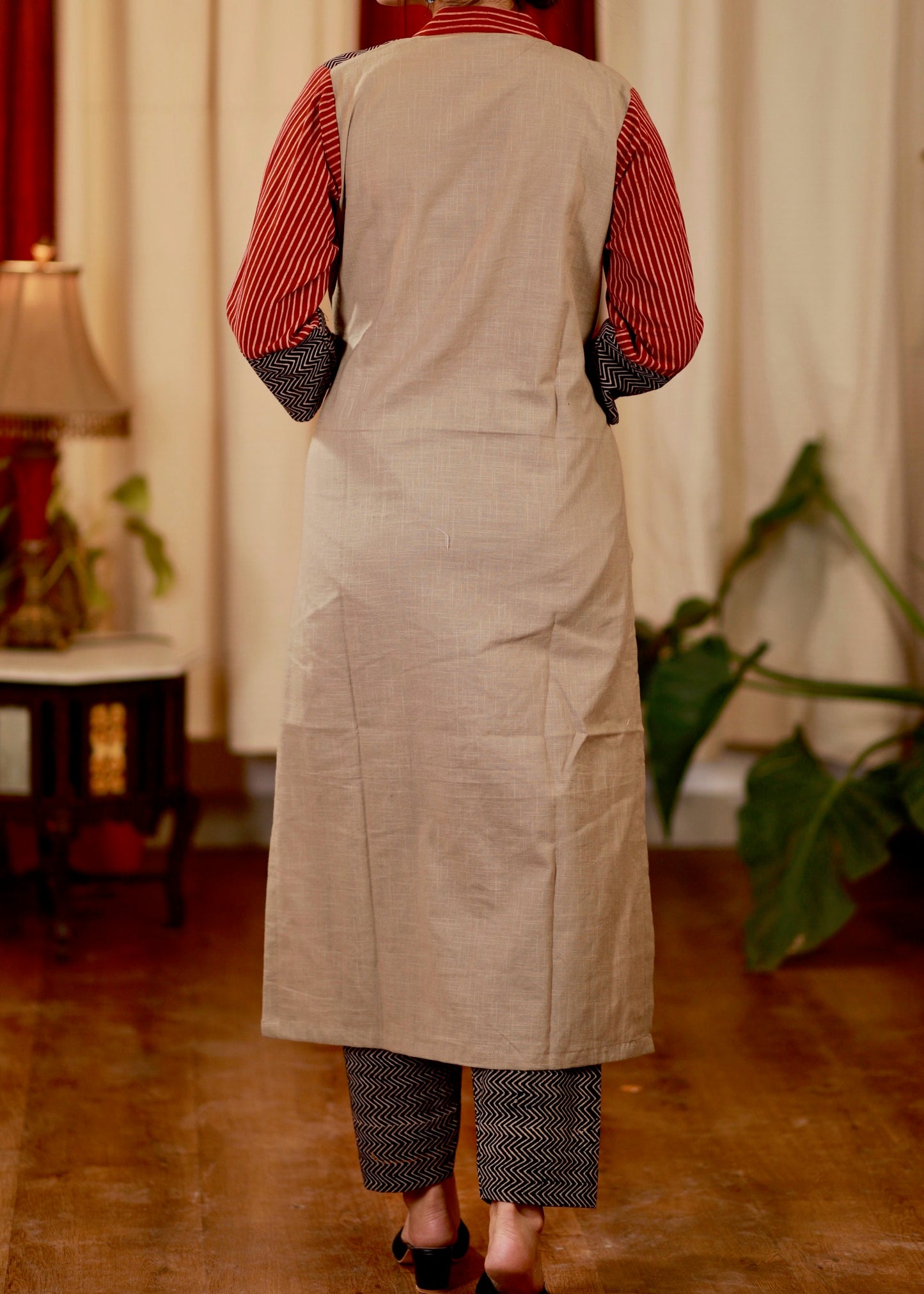 Straight Cut Cotton Ajrakh kurta with Exclusive Full Length Embroidery