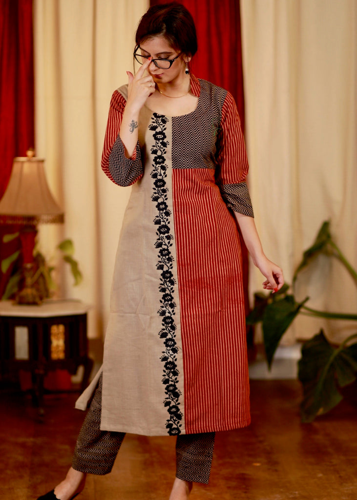 Straight Cut Cotton Ajrakh kurta with Exclusive Full Length Embroidery