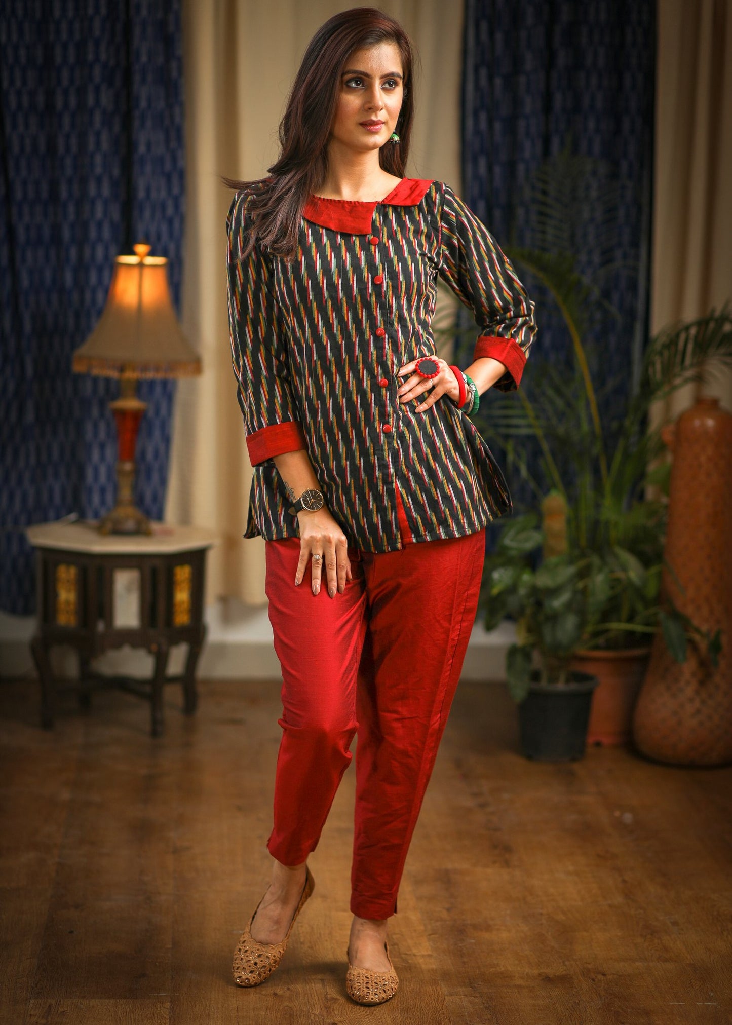 Black striped ikat cotton top