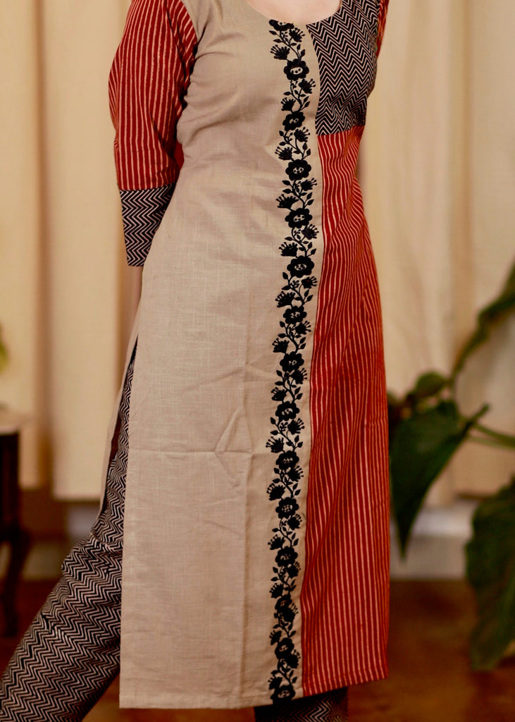 Straight Cut Cotton Ajrakh kurta with Exclusive Full Length Embroidery