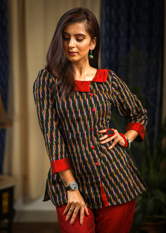 Black striped ikat cotton top
