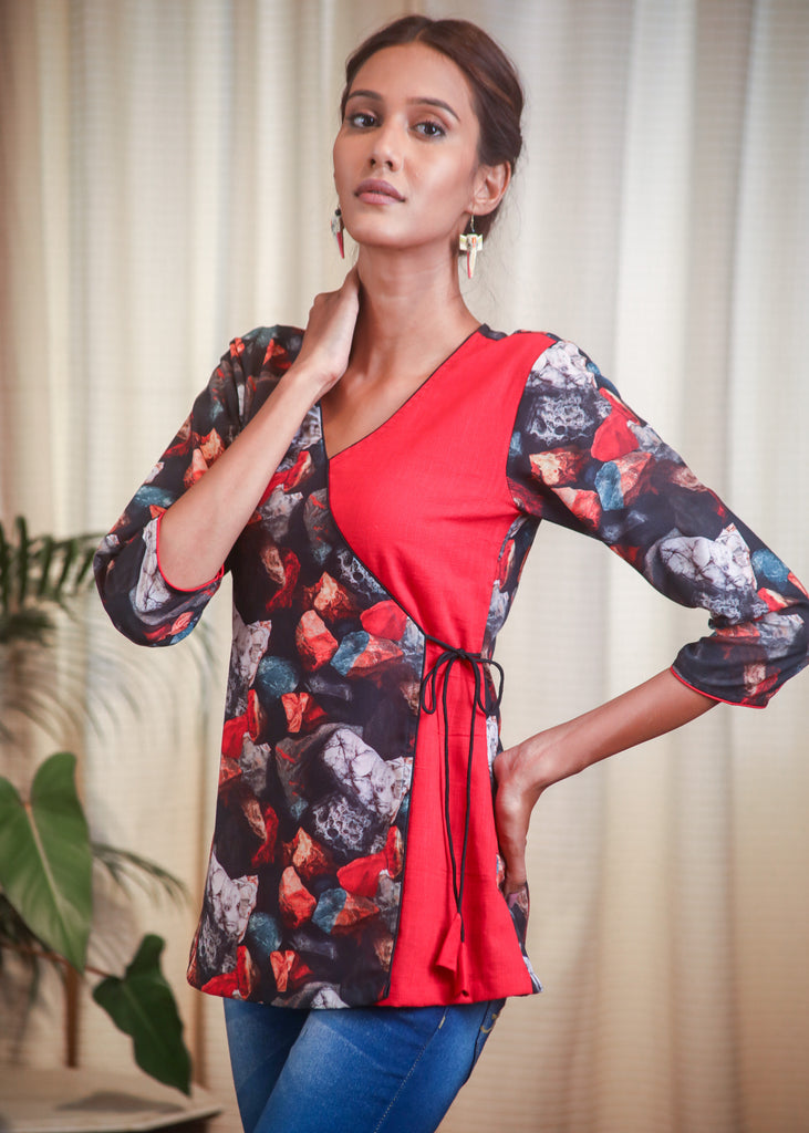Black & Red Printed Cross Over Top