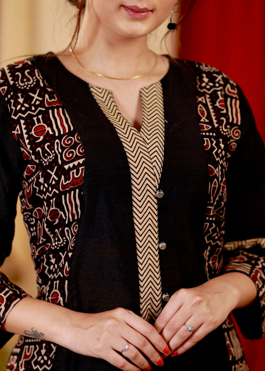 Straight cut Cotton Ajrakh Kurta with Contrast Ajrakh Neck Line