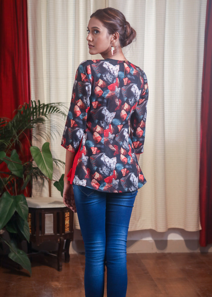 Black & Red Printed Cross Over Top
