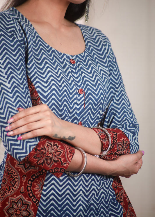 Unique A Line Pure Cotton Indigo and Ajrakh Combination Kurta