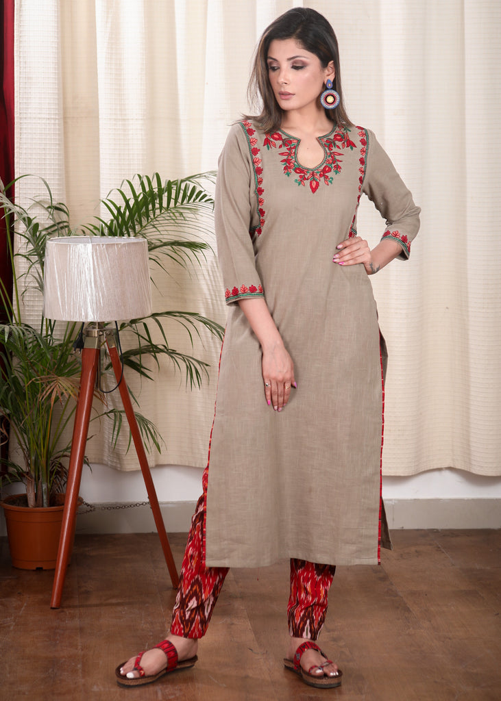 Elegant Chikoo Color Straight Cut Cotton Kurta with Elegantly Done Embroidery Pattern