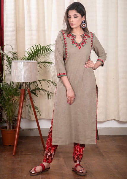 Elegant Chikoo Color Straight Cut Cotton Kurta with Elegantly Done Embroidery Pattern