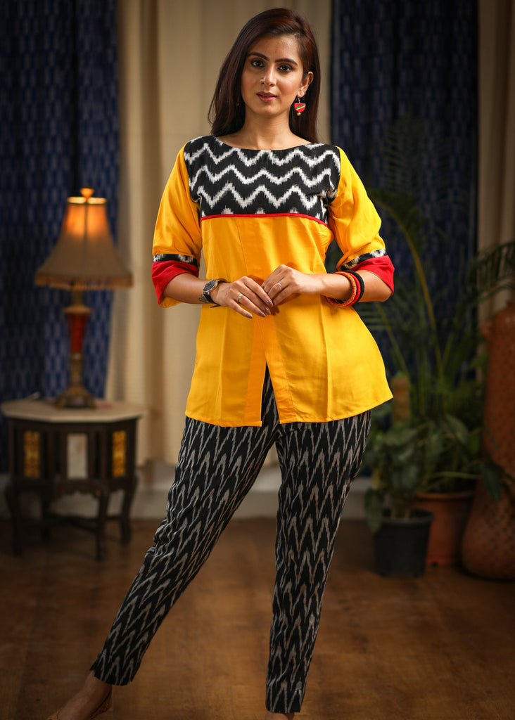 Yellow rayon top with ikat combination