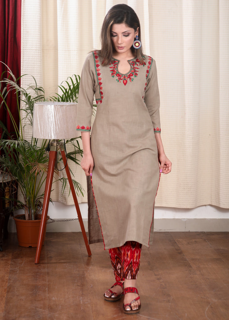 Elegant Chikoo Color Straight Cut Cotton Kurta with Elegantly Done Embroidery Pattern