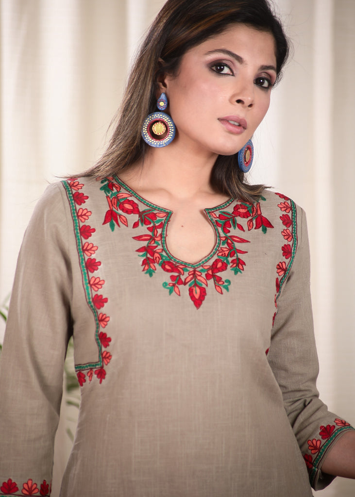 Elegant Chikoo Color Straight Cut Cotton Kurta with Elegantly Done Embroidery Pattern