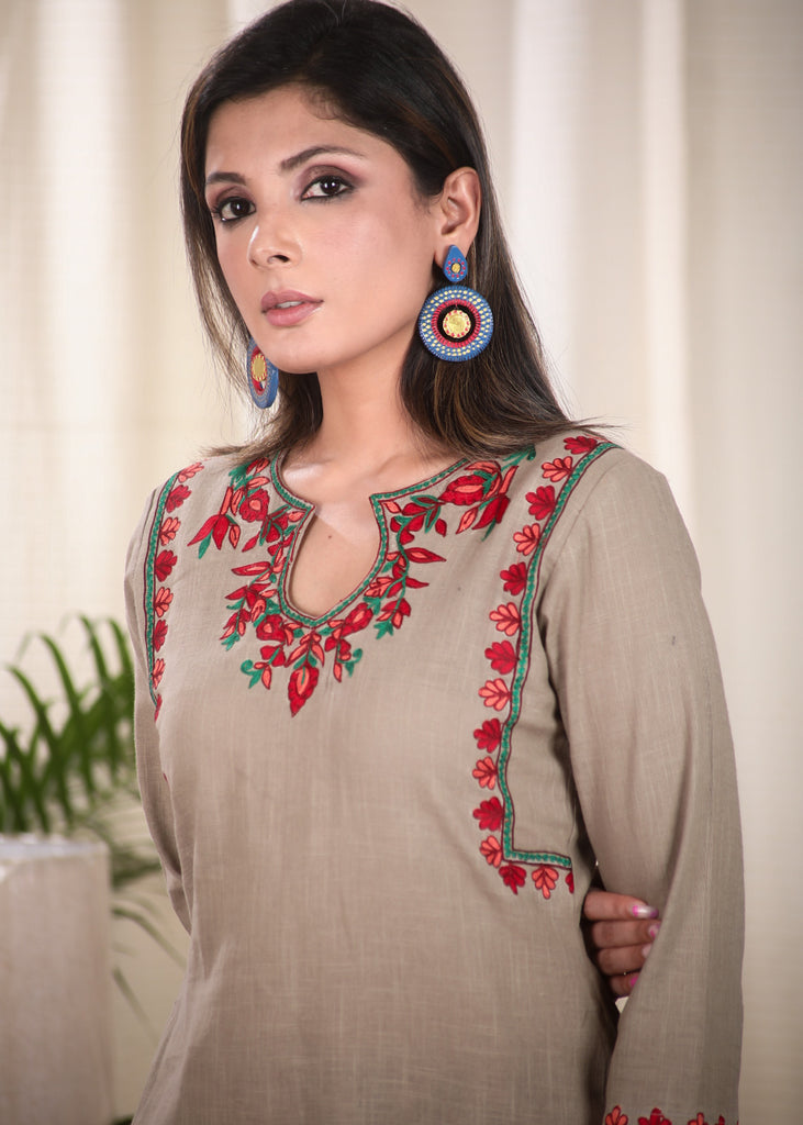 Elegant Chikoo Color Straight Cut Cotton Kurta with Elegantly Done Embroidery Pattern