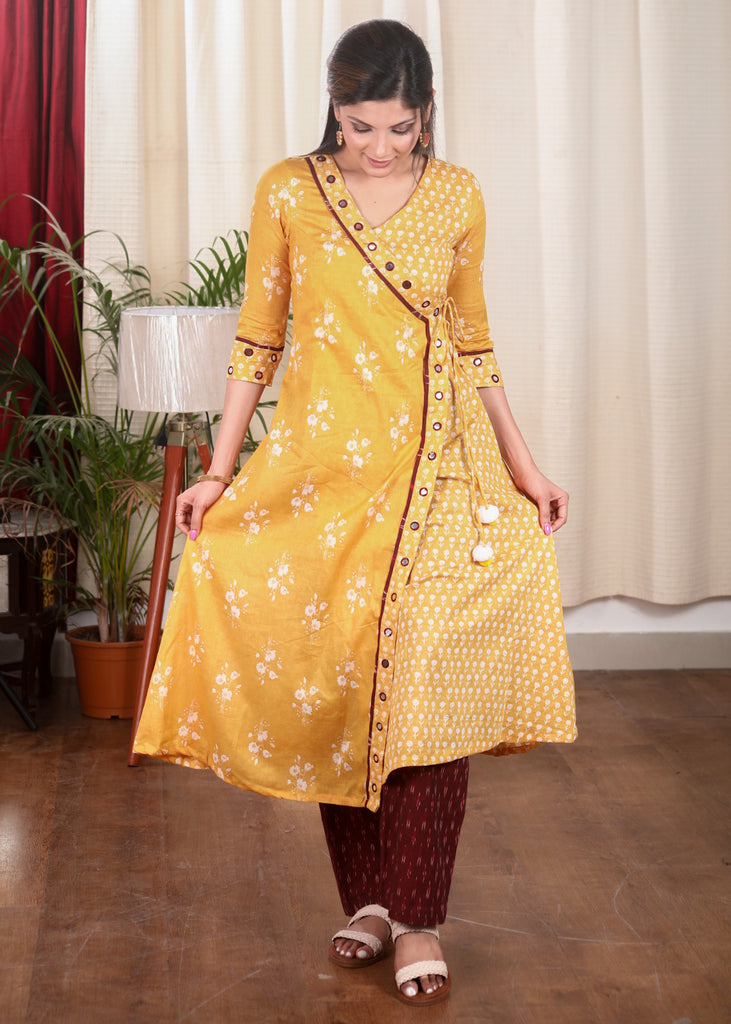 Comfortable and Flowy A line Viscose Kurta with Contrast Mirror Work and Tie Strings