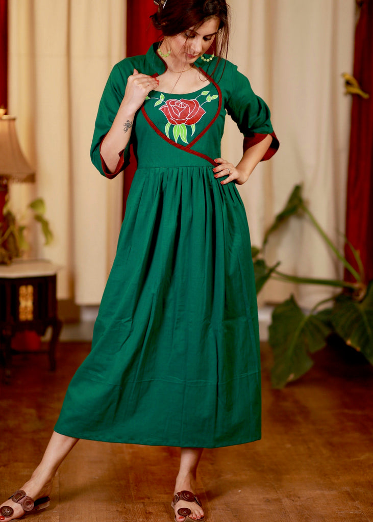 Elegant One piece Cotton Dress with Exclusive Hand Painted Flower Yoke