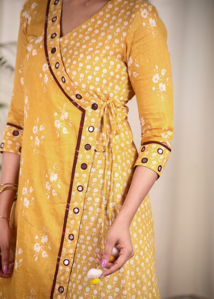 Comfortable and Flowy A line Viscose Kurta with Contrast Mirror Work and Tie Strings