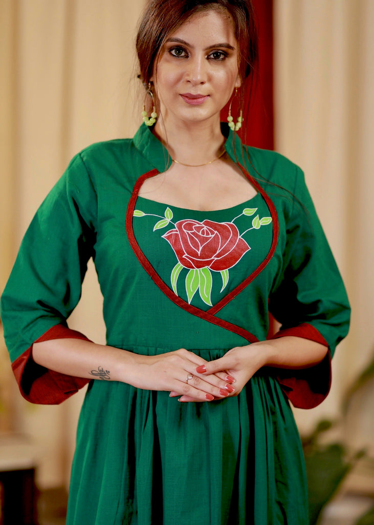 Elegant One piece Cotton Dress with Exclusive Hand Painted Flower Yoke