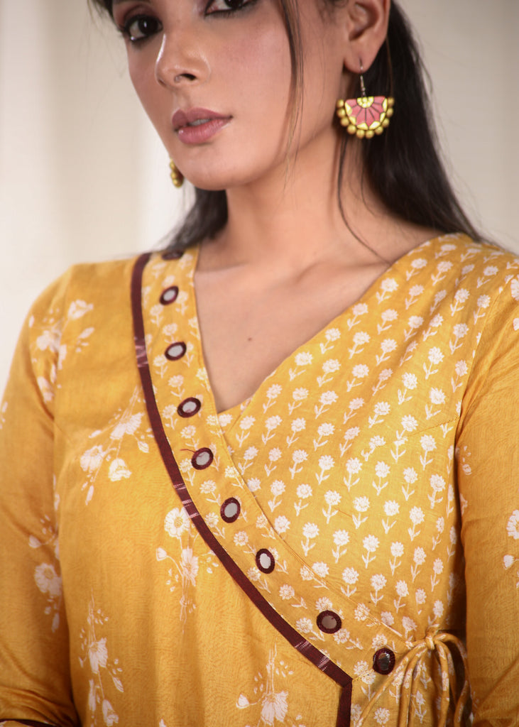 Comfortable and Flowy A line Viscose Kurta with Contrast Mirror Work and Tie Strings