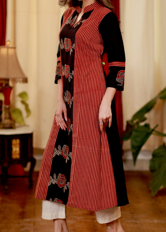 A- line Cotton Ajrakh Kurta with Contrast Ajrakh panelA