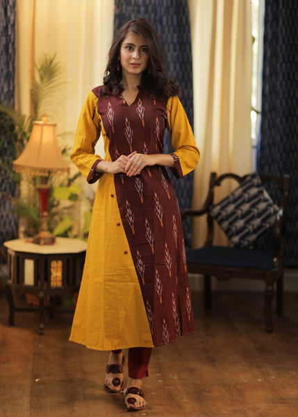 A-line Cotton Handloom Kurta with contrasting Ikat Combination