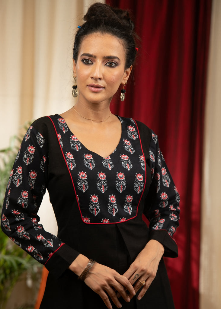 Black cotton top with Jaipuri printed yoke