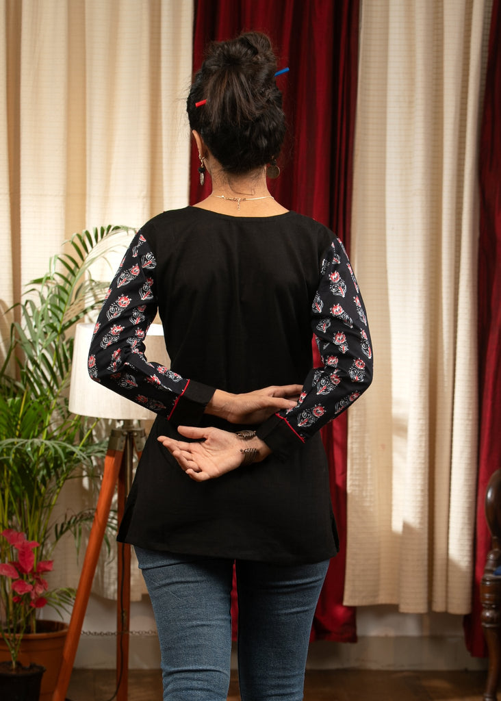 Black cotton top with Jaipuri printed yoke