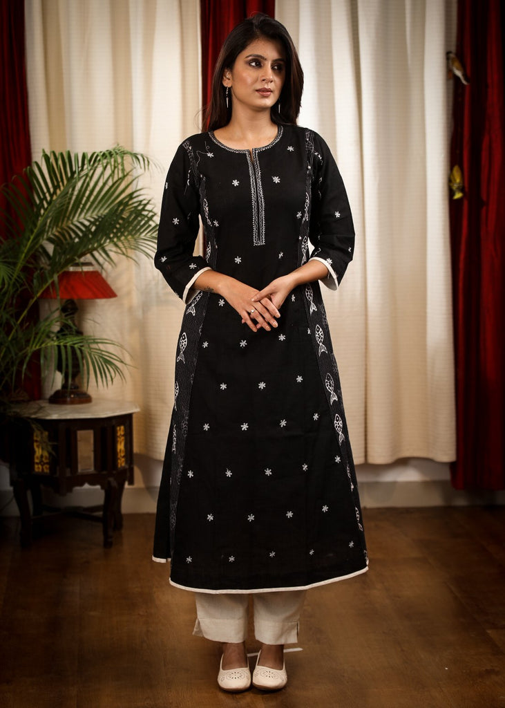 A - line Black Print Cotton Handloom Combination Kurta With Beautiful Silver Embroidery and Fish Motifs