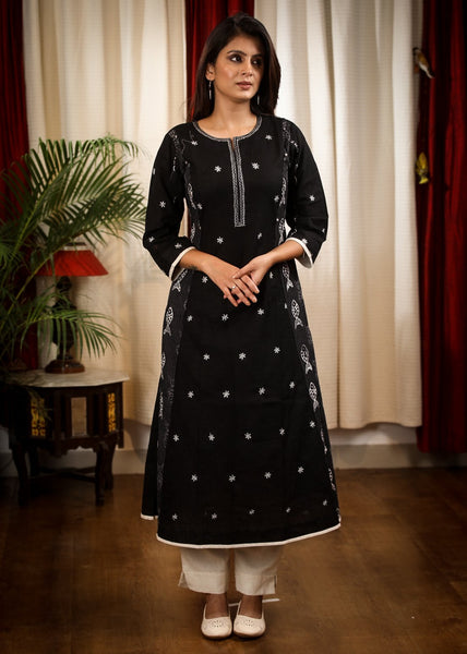 A - line Black Print Cotton Handloom Combination Kurta With Beautiful Silver Embroidery and Fish Motifs