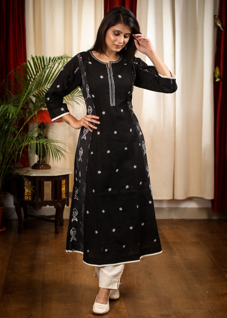 A - line Black Print Cotton Handloom Combination Kurta With Beautiful Silver Embroidery and Fish Motifs