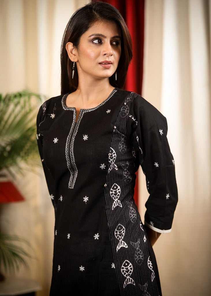 A - line Black Print Cotton Handloom Combination Kurta With Beautiful Silver Embroidery and Fish Motifs