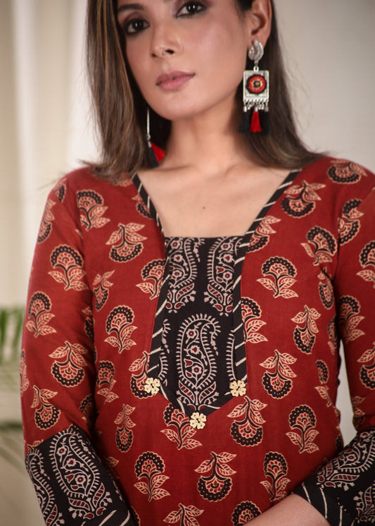 A line Ajrakh Combination Kurta With Wooden Beads