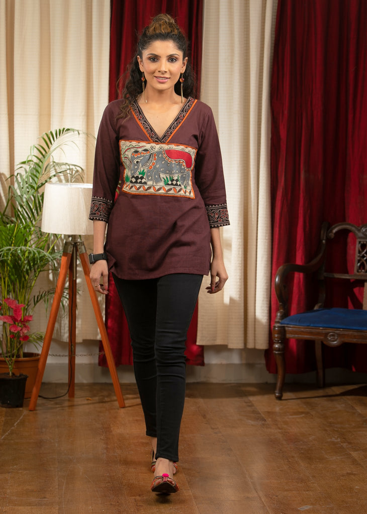 Brown cotton top with hand painted Madhubani motifs
