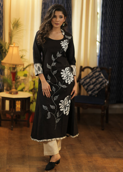 A-line Handloom Cotton Kurta with Ikat and Exclusive Hand Painting all over